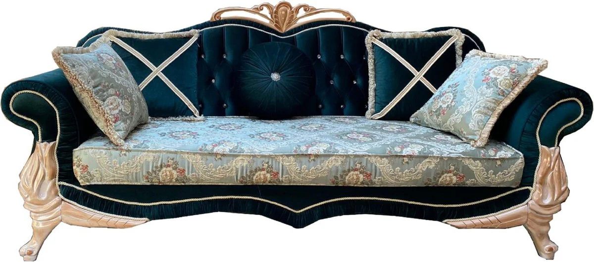 Luxus Barock Sofa Türkis / Grün / Creme - Prunkvolles Wohnzimmer Sofa mit elegantem Blumenmuster und Glitzersteinen - Barock Wohnzimmer Möbel