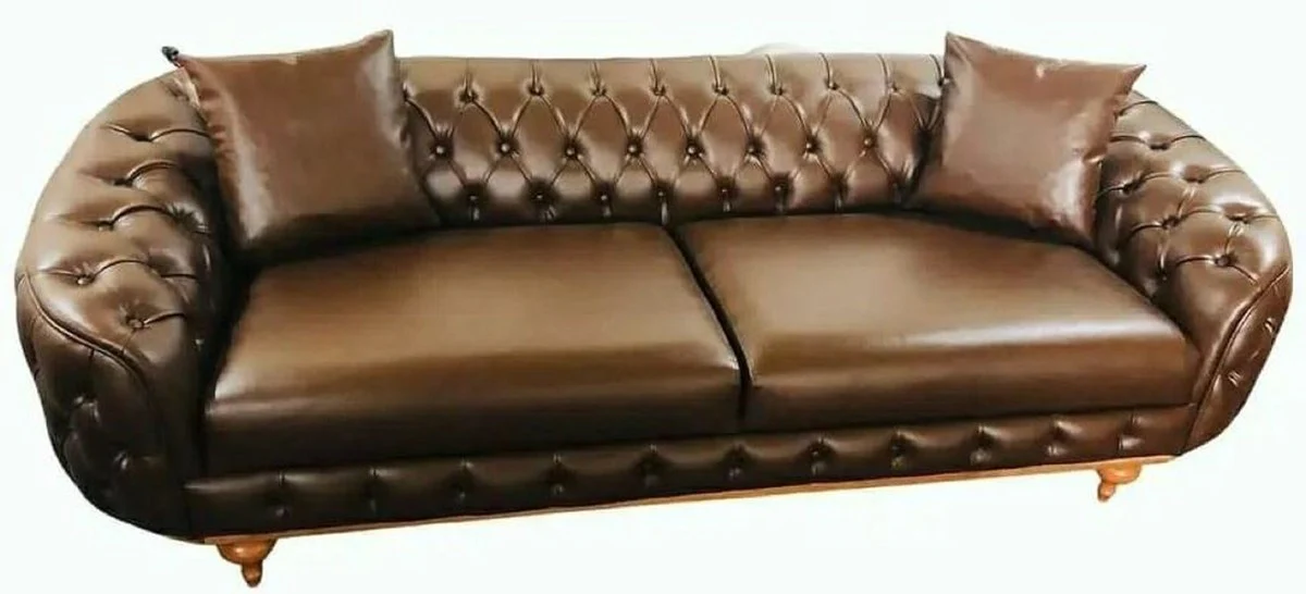 Luxus Chesterfield Kunstleder Sofa Dunkelbraun / Naturfarben - Wohnzimmer Sofa - Wohnzimmer Möbel - Luxus Möbel - Wohnzimmer Einrichtung - Luxus Einrichtung - Möbel Luxus