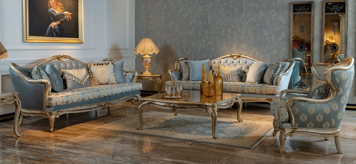 Luxus Barock Couchtisch Silber / Gold - Handgefertigter Massivholz Wohnzimmertisch - Barock Wohnzimmer Möbel