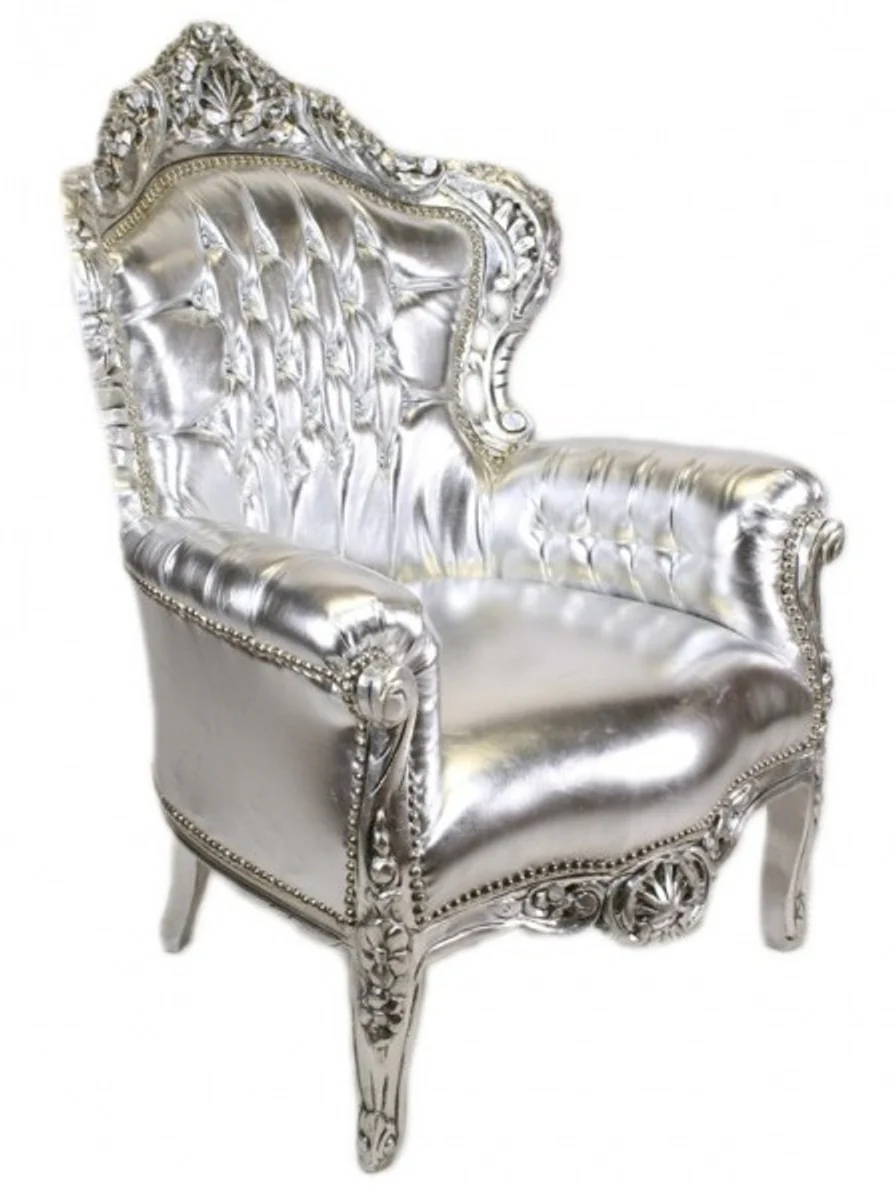 Barock Sessel King Silber / Silber Lederoptik mit Bling Bling Glitzersteinen