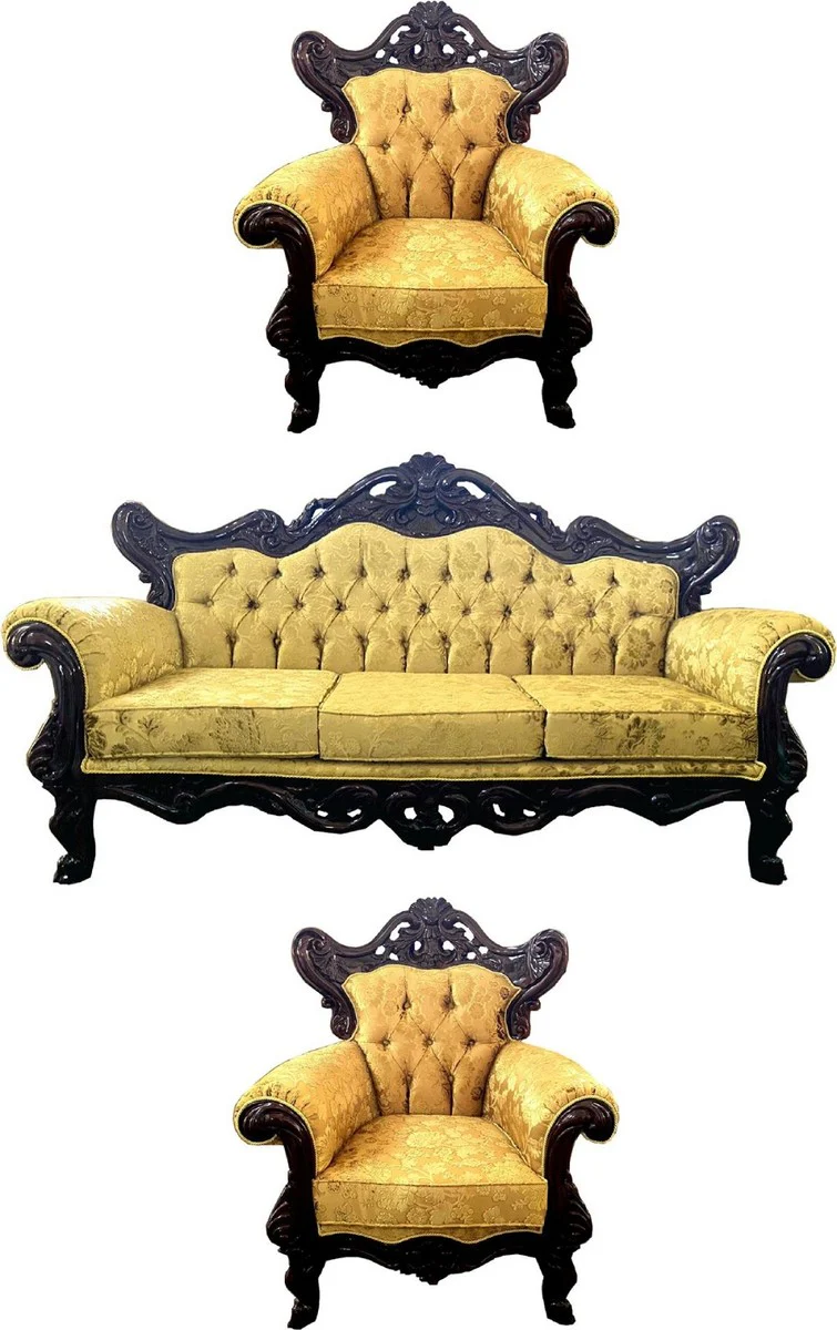 Luxus Barock Wohnzimmer Set Gold mit Muster / Dunkelbraun - 1 Barock Sofa & 2 Barock Sessel - Wohnzimmer Möbel im Barockstil - Edel & Prunkvoll