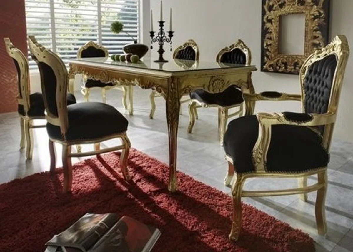 Barock Esszimmer Set Schwarz/Gold - Esstisch + 6 Stühle - Möbel Antik Stil