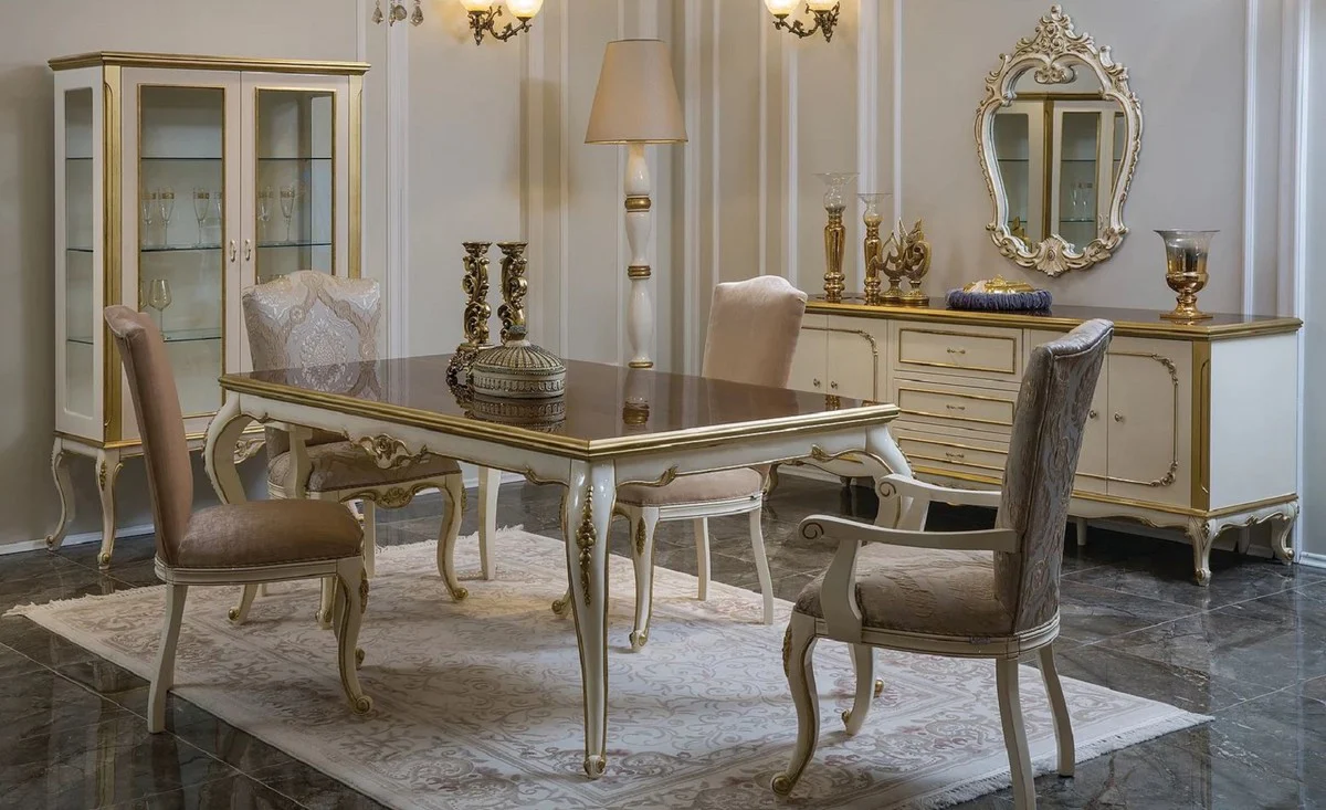 Luxus Barock Esstisch Braun / Weiß / Gold - Handgefertigter Massivholz Küchentisch - Barock Esszimmer Möbel - Edel & Prunkvoll