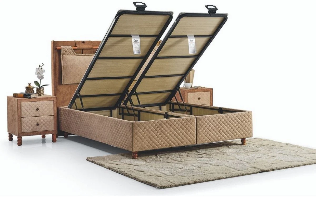 Luxus Doppelbett Beige / Braun - Modernes Massivholz Bett - Moderne Schlafzimmer & Hotel Möbel - Luxus Kollektion