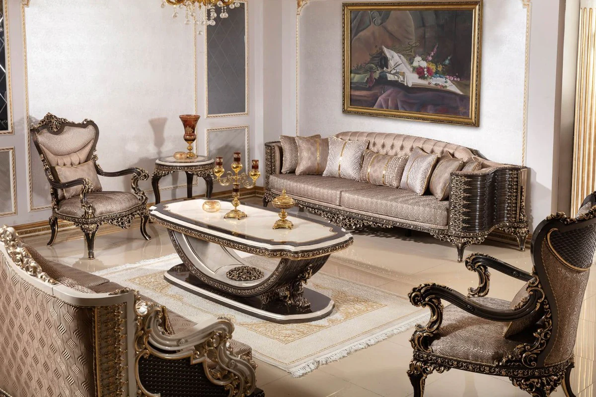 Luxus Barock Beistelltisch Creme / Dunkelbraun / Gold