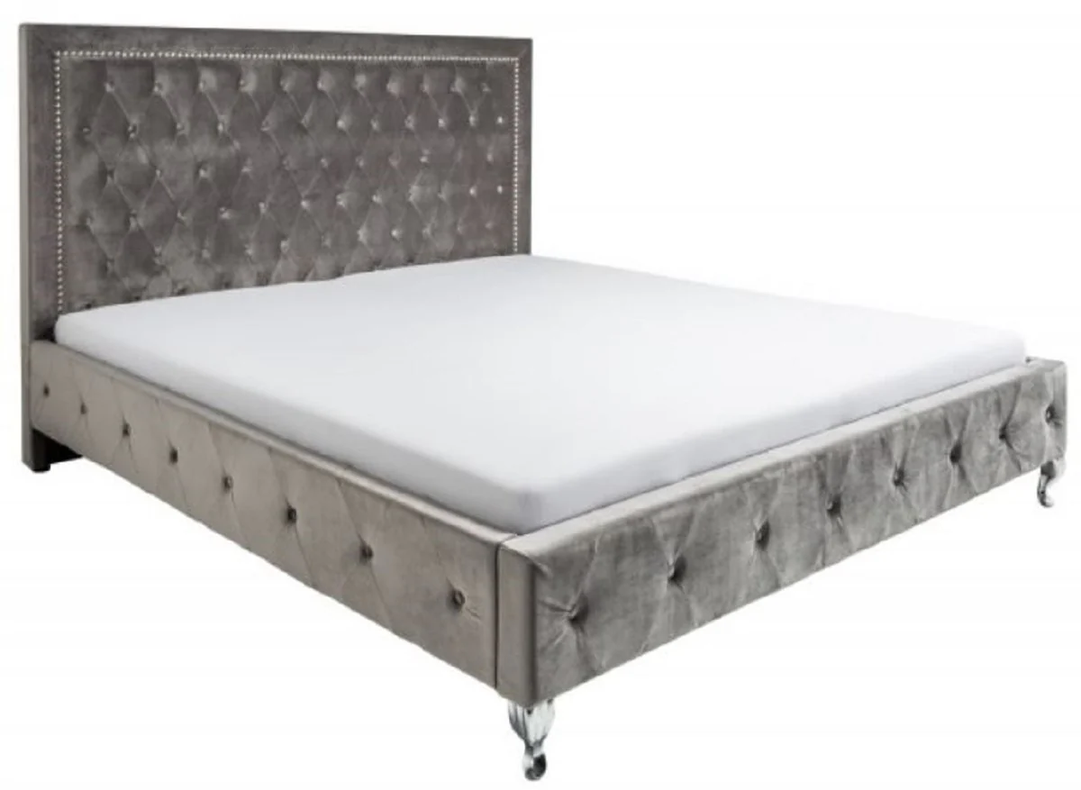 Chesterfield Samt Doppelbett Silbergrau / Silber 190 x 215 x H. 130 cm - Massivholz Bett mit Kopfteil - Chesterfield Schlafzimmer Möbel