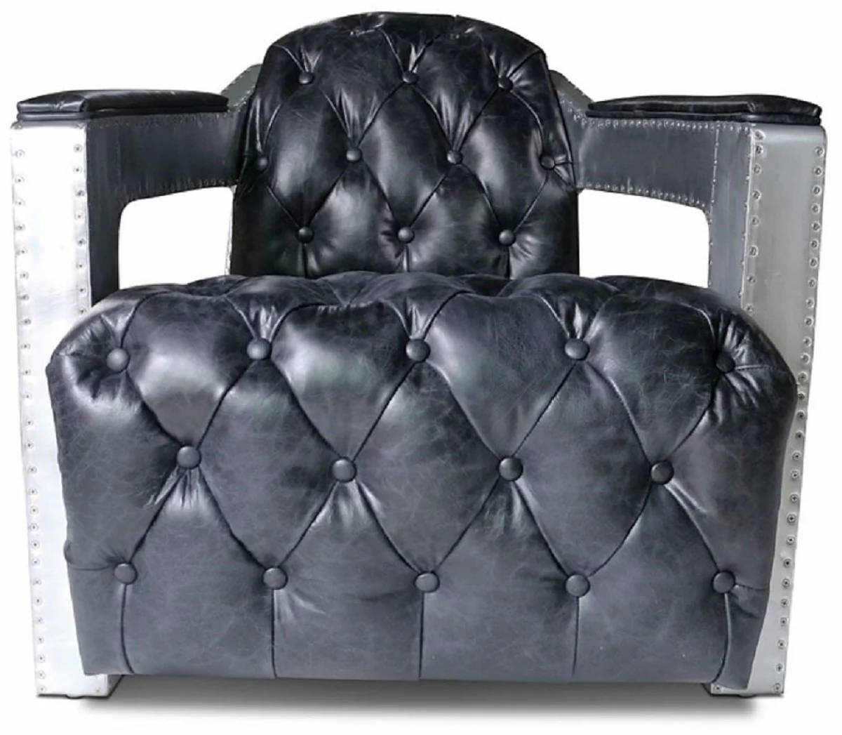 Chesterfield Echtleder Sessel Vintage Schwarz / Silber 73 x 90 x H. 70 cm - Wohnzimmer Leder Sessel - Club Sessel - Lounge Sessel - Art Deco Sessel - Aluminium Flugzeug Flieger Möbel