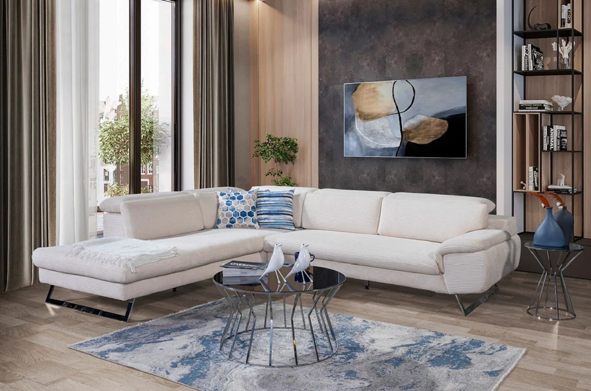 Luxus Ecksofa mit verstellbaren Rückenlehnen Creme / Silber 305 x 260 cm