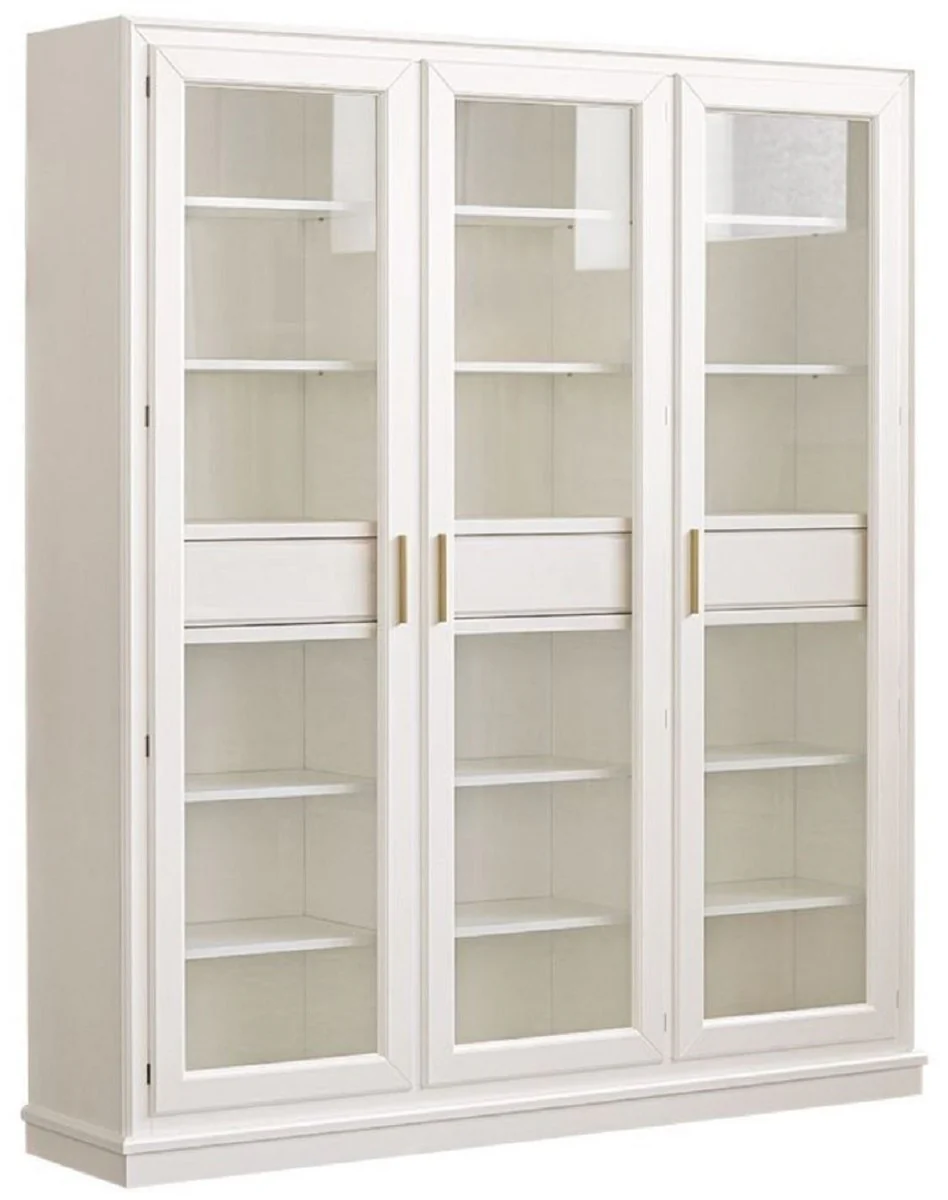Luxus Bücherschrank mit 3 Türen und LED Beleuchtung Weiß 200 x 45 x H. 230 cm - Massivholz Schrank - Wohnzimmerschrank - Regalschrank - Büroschrank - Luxus Möbel - Luxus Einrichtung