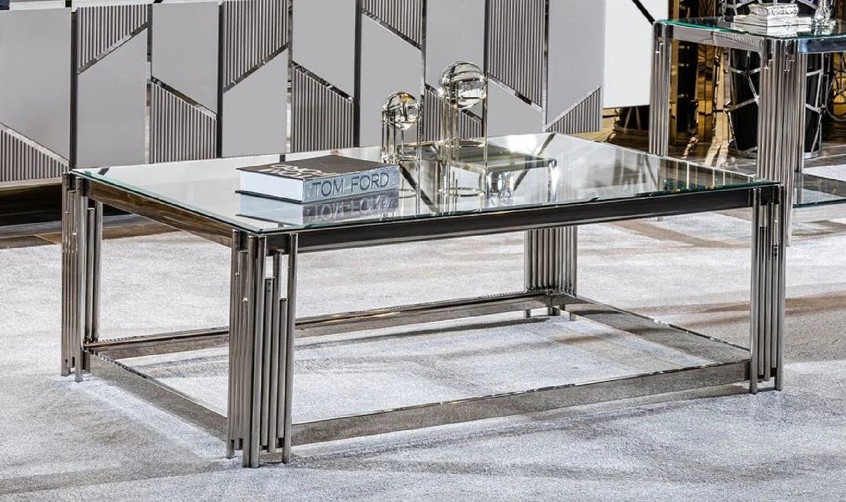 Luxus Couchtisch Silber 120 x 80 x H. 45 cm - Rechteckiger Wohnzimmertisch mit Glasplatte - Luxus Wohnzimmer Möbel - Luxus Hotel Möbel