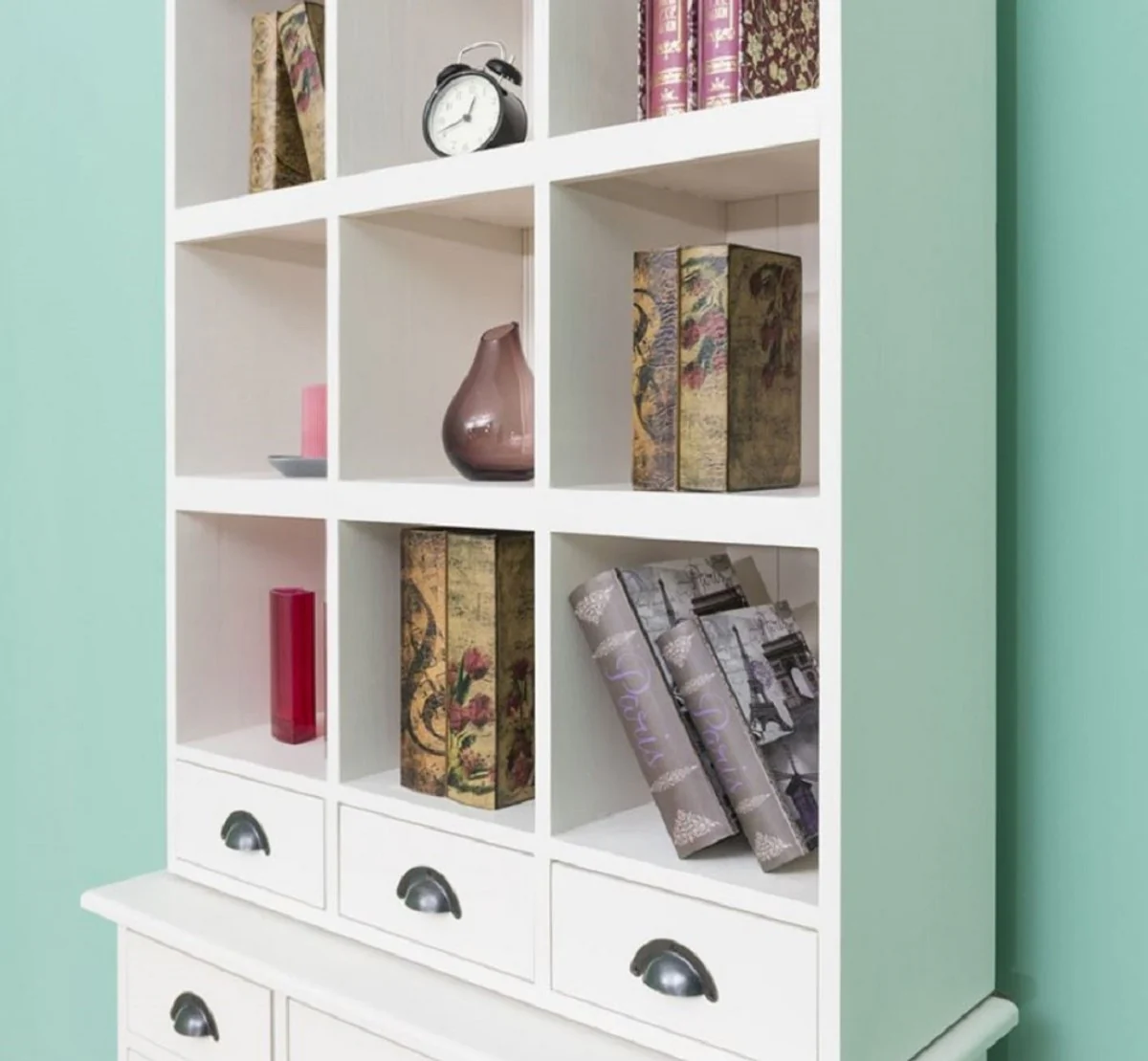 Landhausstil Schrank Weiß 97 x 40 x H. 210 cm - Massivholz Regalschrank mit 2 Türen und 6 Schubladen - Möbel im Landhausstil