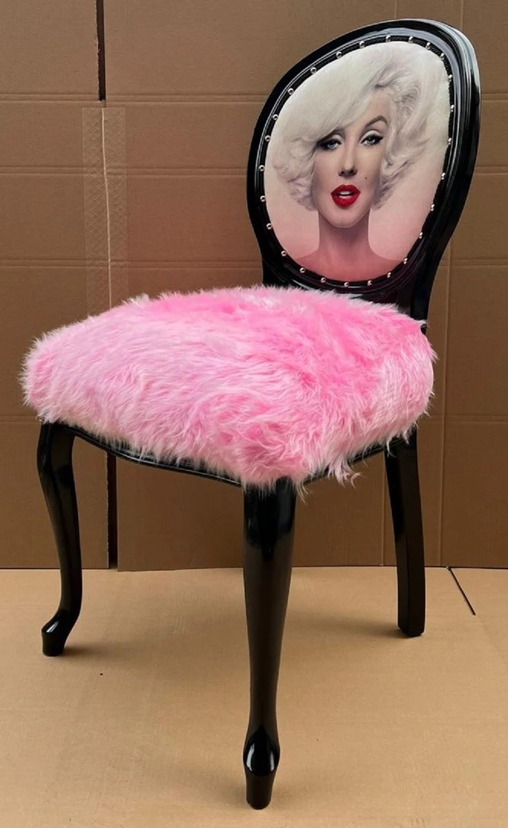 Luxus Barock Esszimmer Stuhl Marilyn Monroe Rosa / Mehrfarbig / Schwarz - Handgefertigter Pop Art Designer Stuhl mit Kunstfell - Barock Esszimmer Möbel