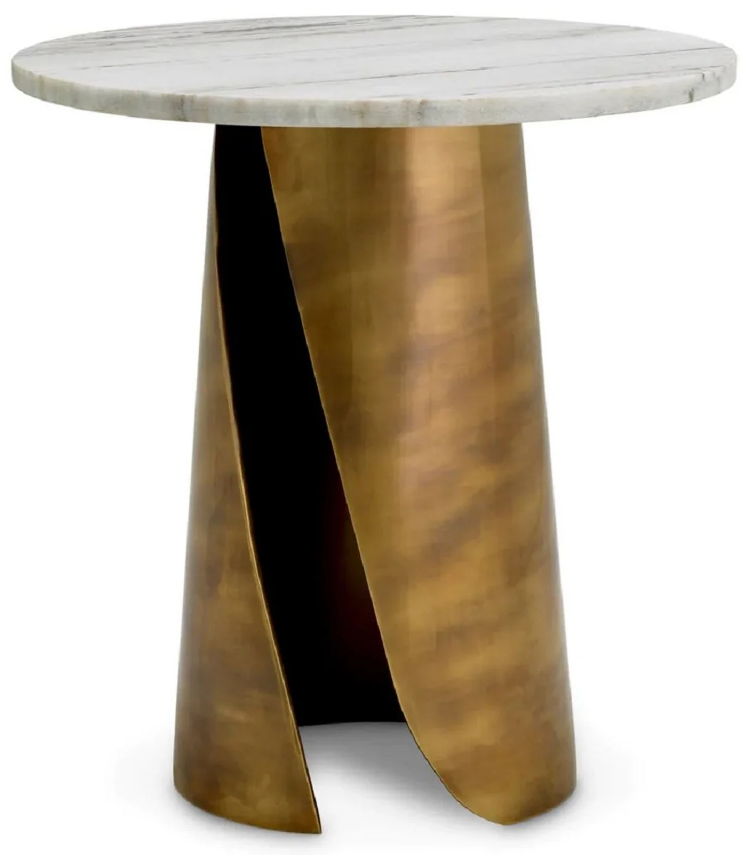 Luxus Beistelltisch mit Marmorplatte Weiß / Vintage Messing Ø 45 cm