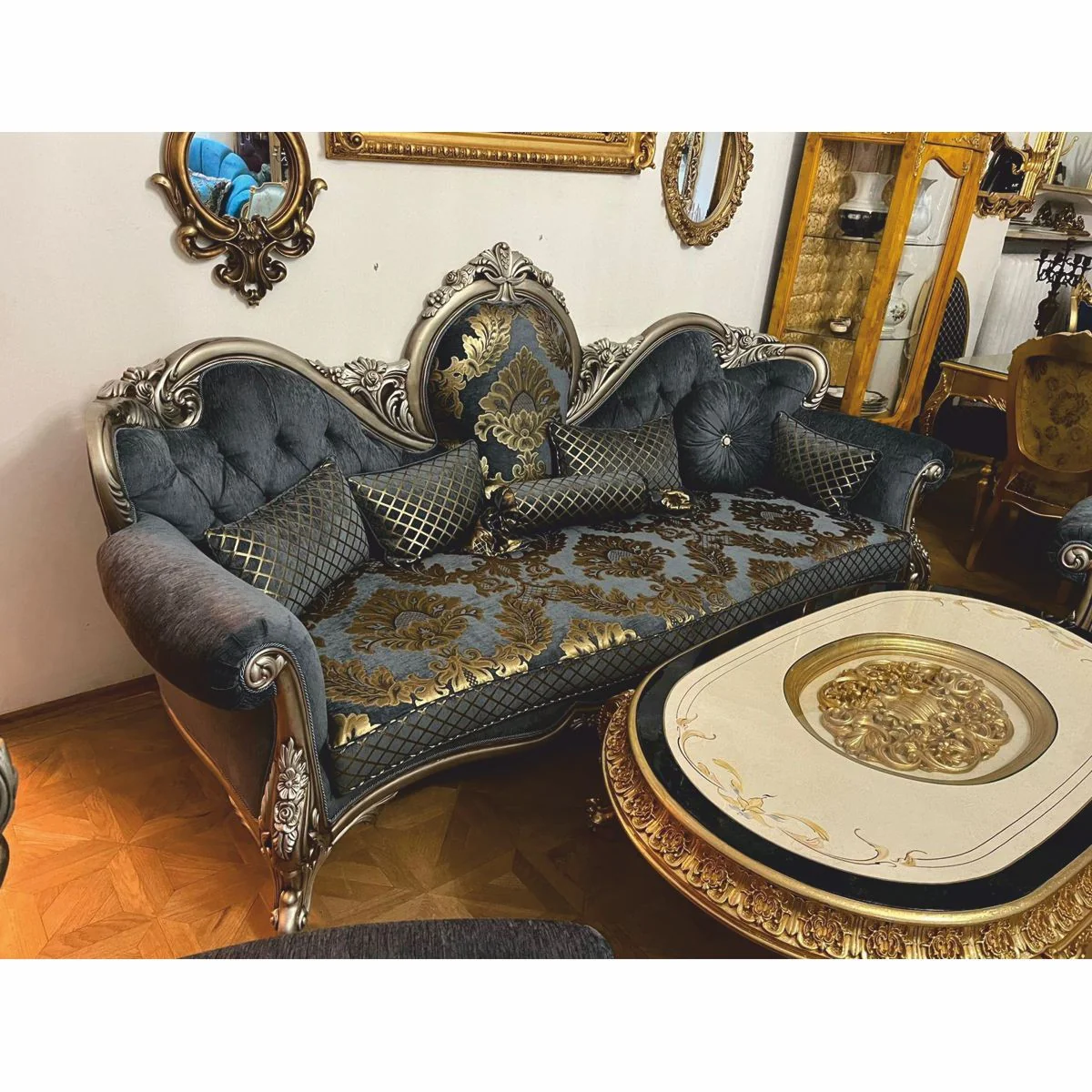 Luxus Barock Wohnzimmer Möbel Set Blau / Gold / Silber - Barockstil Möbel