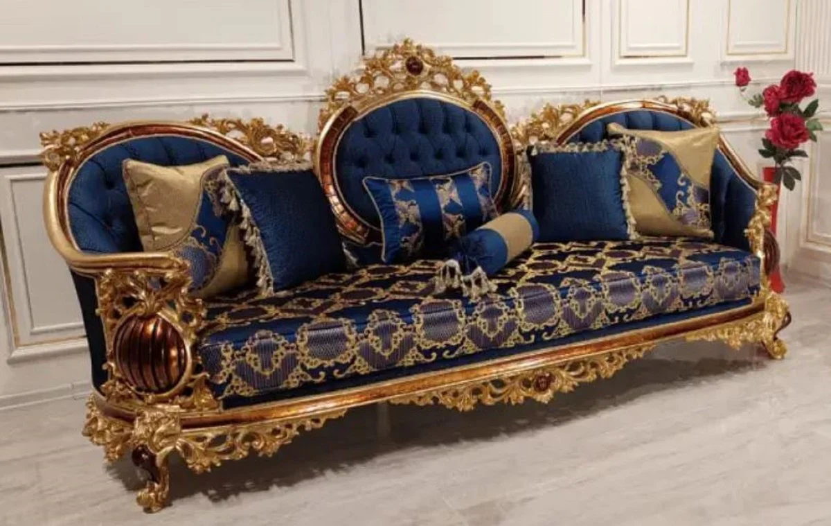 Luxus Barock Sofa Blau / Gold / Braun - Prunkvolles Wohnzimmer Sofa mit elegantem Muster - Barock Wohnzimmer Möbel