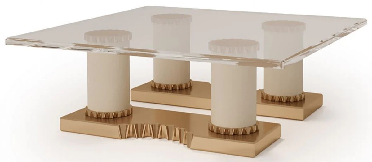 Luxus Designer Couchtisch Creme / Bronzefarben 130 x 130 x H. 45 cm - Handgefertigter Wohnzimmertisch mit Glasplatte - Luxus Hotel Möbel - Made in Italy