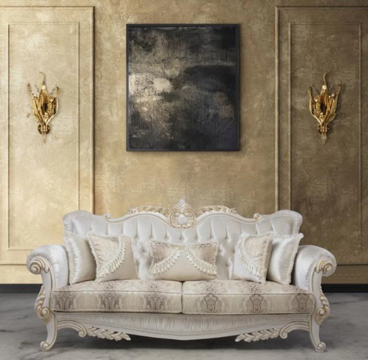 Luxus Barock Sofa mit dekorativen Kissen Mehrfarbig / Weiß / Gold 237 x 81 x H. 115 cm - Barock Wohnzimmer Möbel