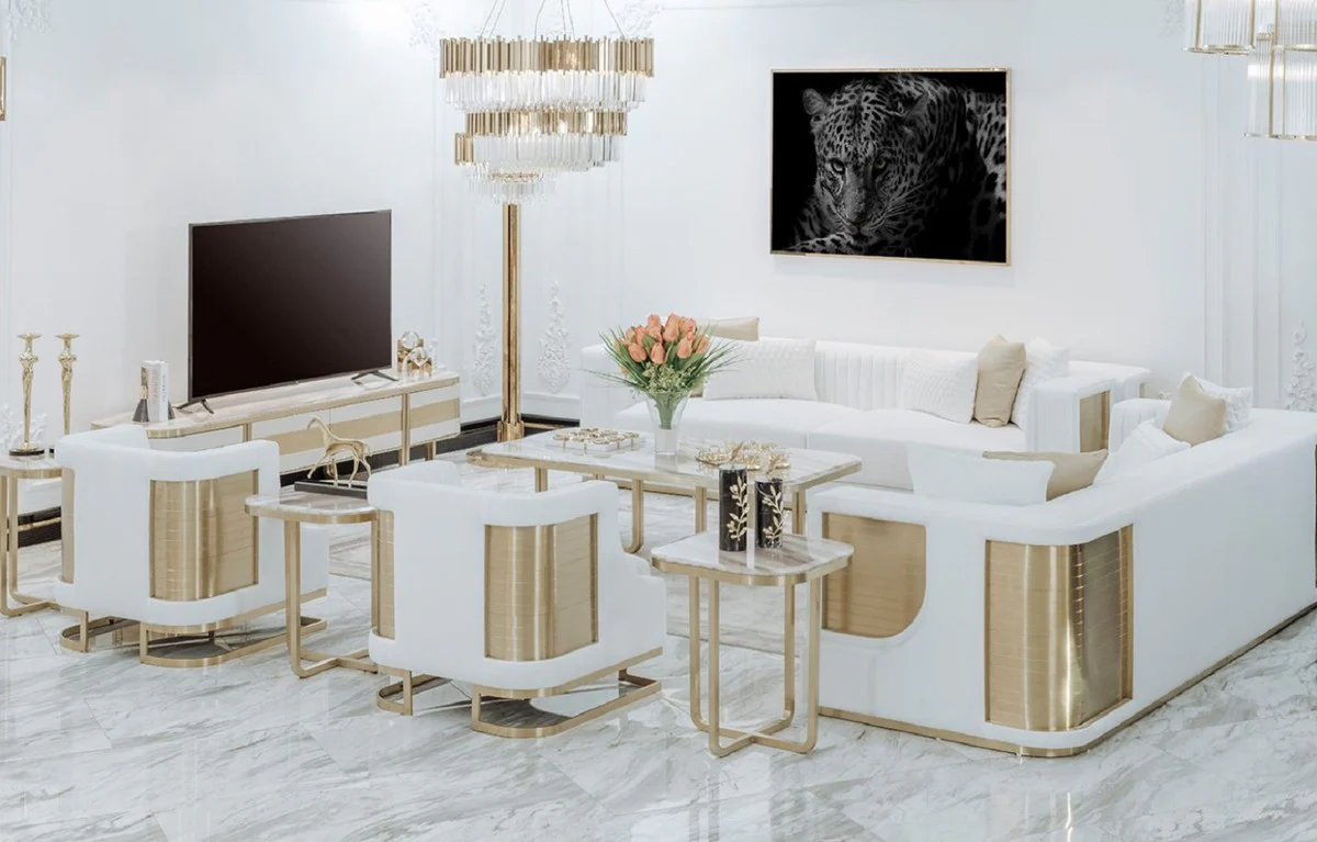 Luxus Sofa Weiß / Gold 290 x 98 x H. 72 cm - Wohnzimmer Sofa - Hotel Sofa - Wohnzimmer Möbel - Wohnzimmer Einrichtung - Hotel Möbel - Luxus Möbel - Luxus Einrichtung