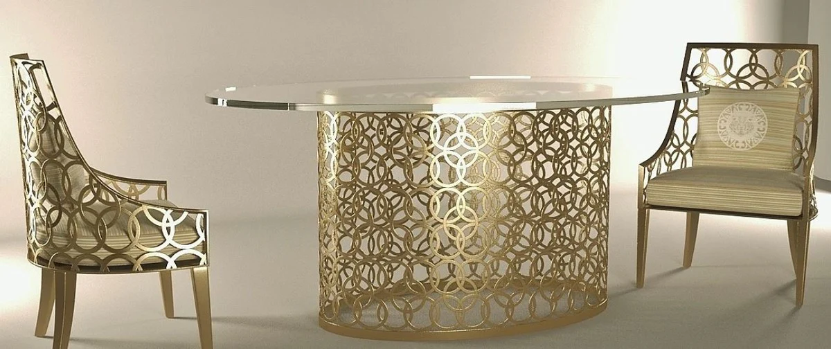 Luxus Gartenmöbel Set Creme / Gold - 1 ovaler Esstisch mit Glasplatte & 6 Stühle mit Kissen - Handgefertigte Garten Terrassen Hotel Möbel - Luxus Qualität