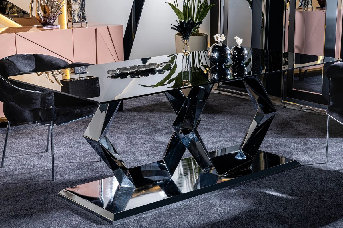 Luxus Designer Esszimmer Möbel Set Schwarz / Silber - 1 Luxus Esstisch mit Glasplatte & 6 Luxus Esszimmerstühle - Esszimmer Möbel - Luxus Möbel - Luxus Esszimmer Einrichtung