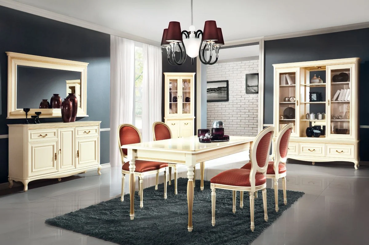 Luxus Barock Esszimmer Set Creme / Gold / Orange - Ausziehbarer Küchentisch mit 6 Esszimmerstühlen - Esszimmermöbel im Barockstil