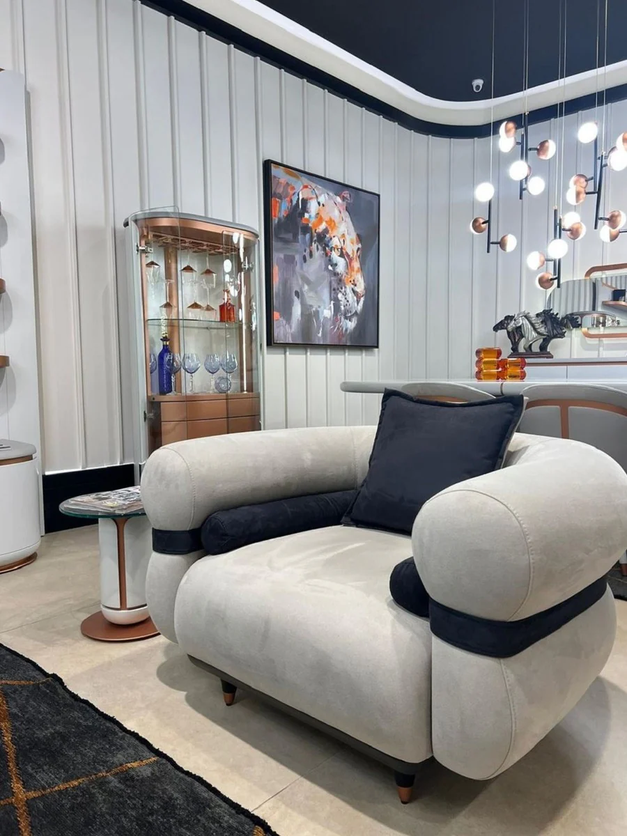 Luxus Barschrank Weiß / Grau / Kupfer 80 x 50 x H. 165 cm - Beleuchteter Massivholz Weinschrank mit 2 Türen - Wohnzimmer Möbel - Bar Möbel - Hotel Möbel - Luxus Kollektion