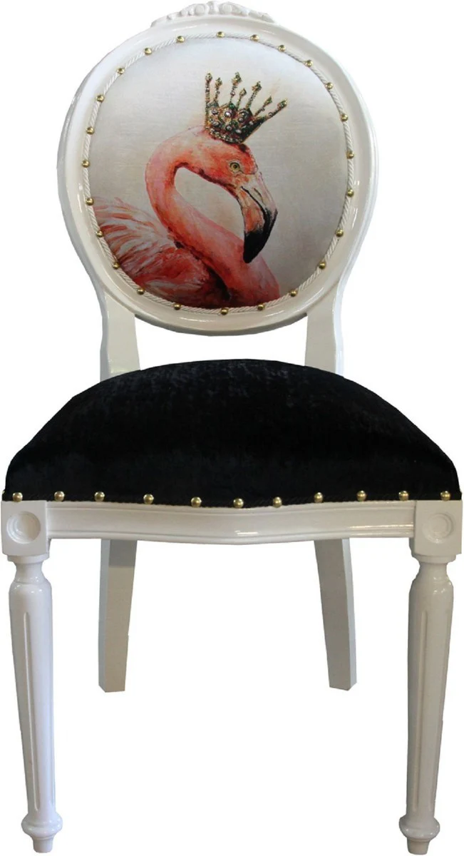 Luxus Barock Esszimmer Set Flamingo mit Krone Grün / Weiß / Gold 48 x 50 x H. 98 cm - 6 handgefertigte Esszimmerstühle mit Bling Bling Glitzersteinen - Barock Esszimmermöbel