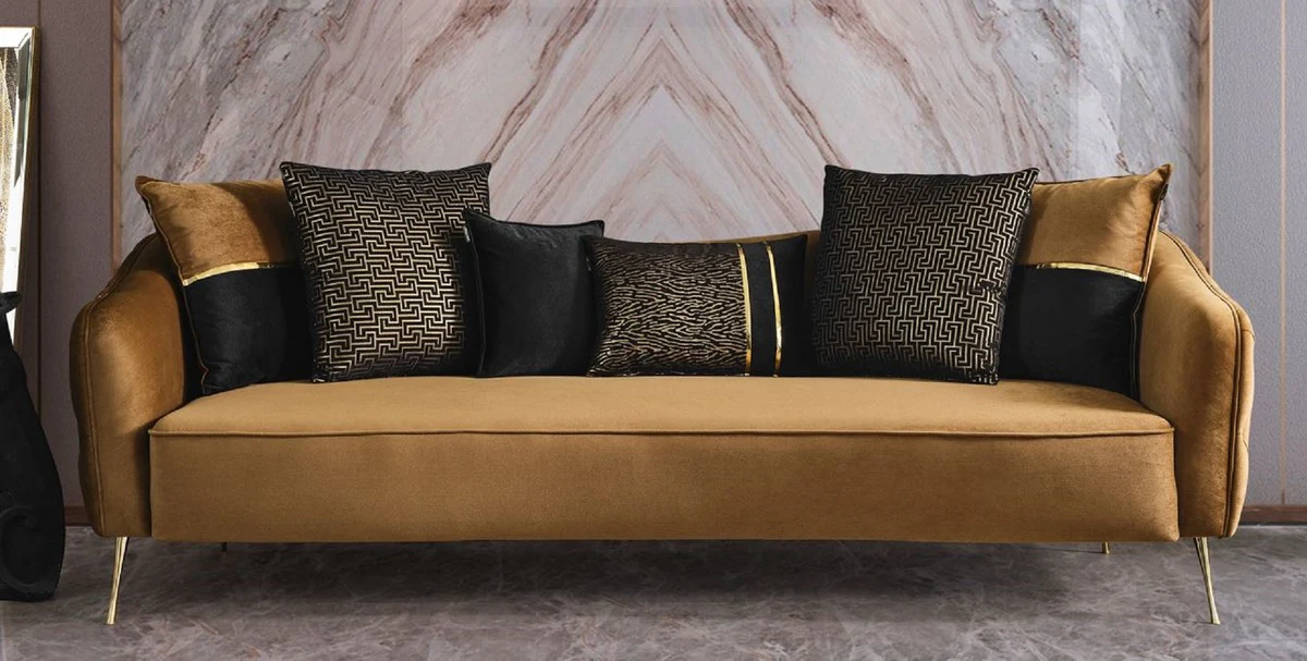 Luxus Sofa Braun / Gold 260 x 100 x H. 80 cm - Wohnzimmer Sofa - Wohnzimmer Möbel - Luxus Möbel - Wohnzimmer Einrichtung - Luxus Einrichtung - Luxus Qualität