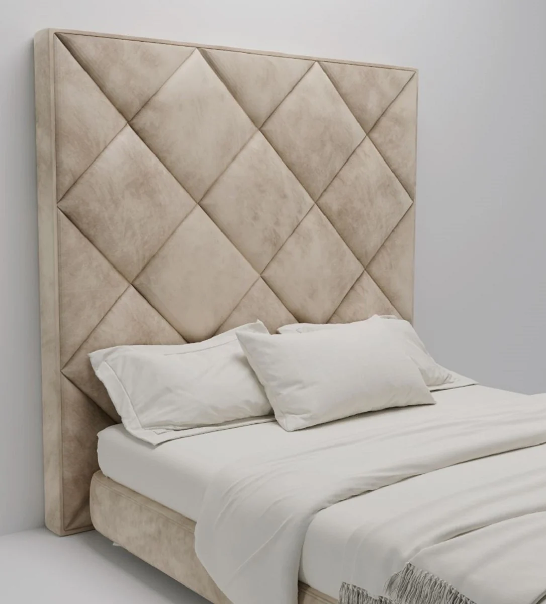 Luxus Samt Bett-Kopfteil Beige 190 x 14 x H. 240 cm - Schlafzimmer Möbel - Hotel Möbel - Luxus Qualität