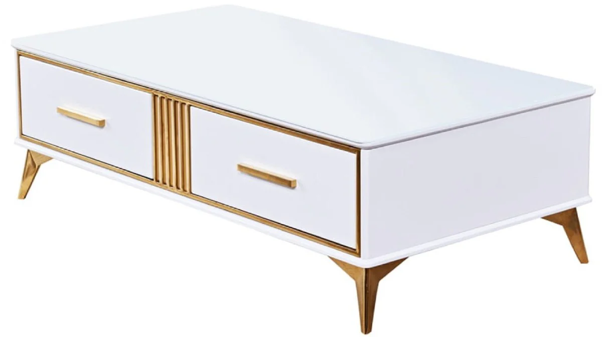 Luxus Couchtisch Weiß / Gold 130 x 70 x H. 41 cm - Moderner Wohnzimmertisch mit 2 Schubladen - Moderne Wohnzimmer Möbel