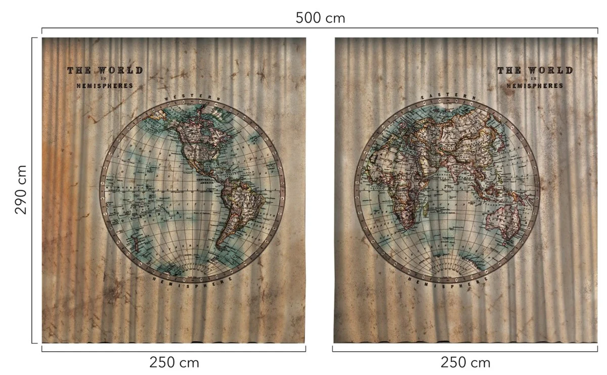 Luxus Vorhang Set Weltkugel Beige / Mehrfarbig 250 x H. 290 cm - Bedruckte Leinen & Samt Vorhänge - Ösenvorhänge - Schiebevorhänge - Luxus Qualität