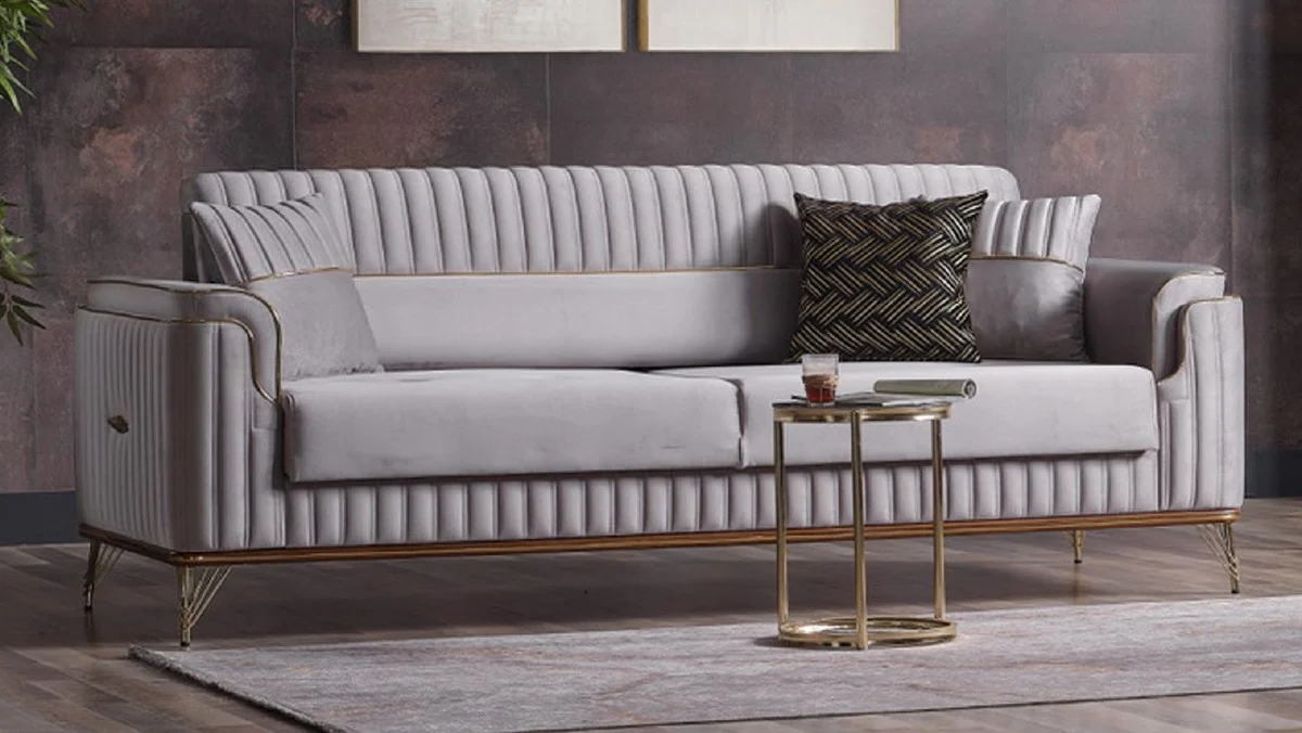 Luxus Wohnzimmer Sofa mit Schlaffunktion Grau / Gold 225 cm - Luxus Möbel