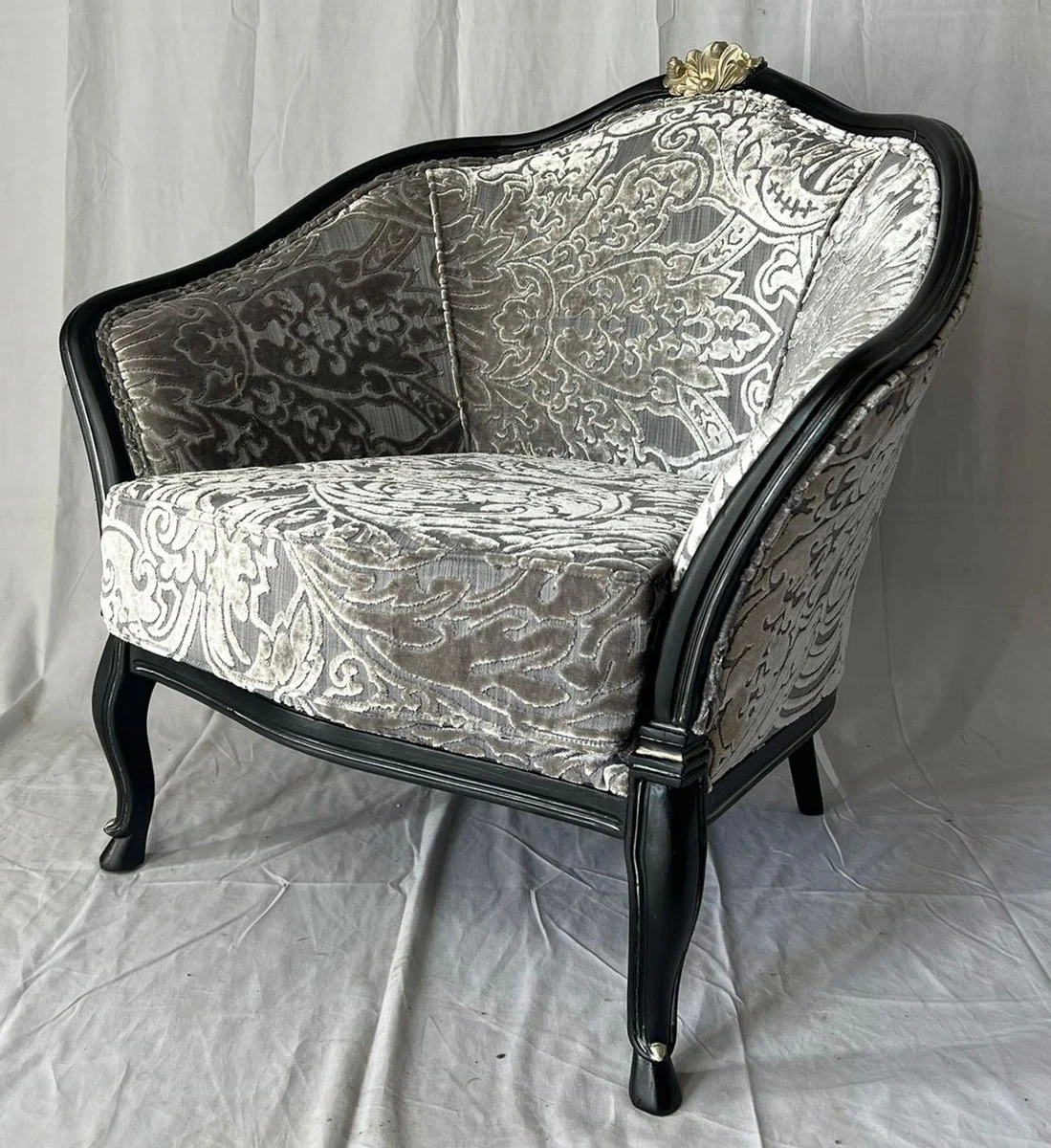 Luxus Barock Salon Sessel Silber / Grau / Schwarz / Gold - Barock Möbel