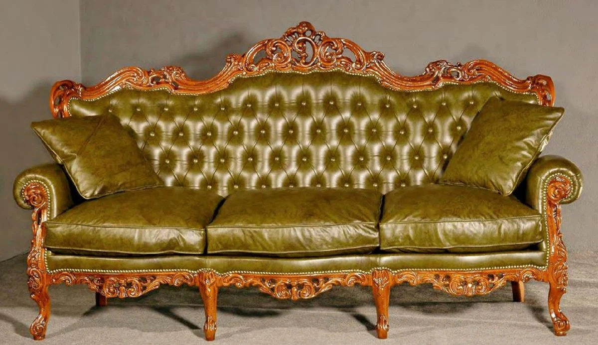 Luxus Barock Leder Sofa Grün / Braun - Prunkvolles Wohnzimmer Sofa mit hochwertigem Echtleder - Barock Wohnzimmer & Hotel Möbel - Luxus Qualität - Made in Italy