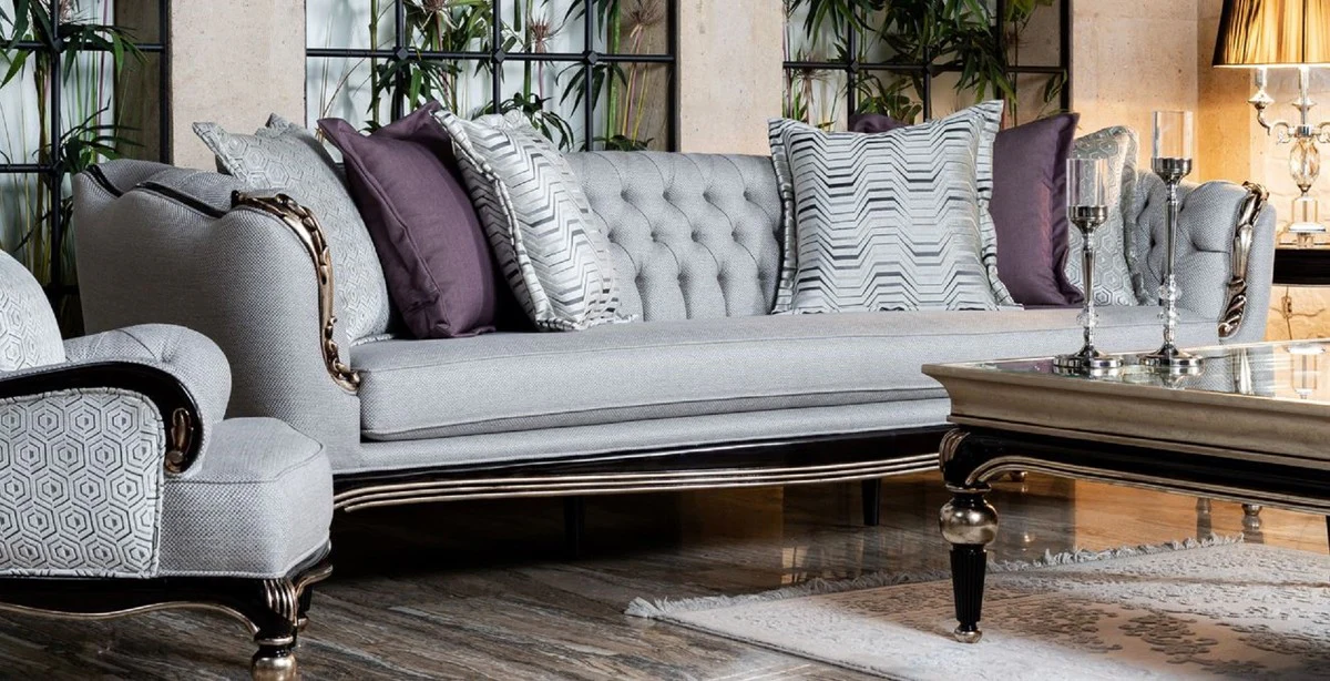 Luxus Barock Sofa Grau / Schwarz / Silber - Handgefertigtes Wohnzimmer Sofa - Barock Wohnzimmer Möbel