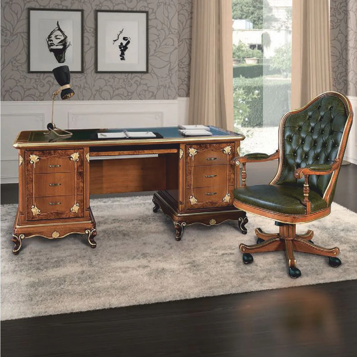 Luxus Barock Chesterfield Leder Schreibtischstuhl Grün / Braun / Gold - Made in Italy