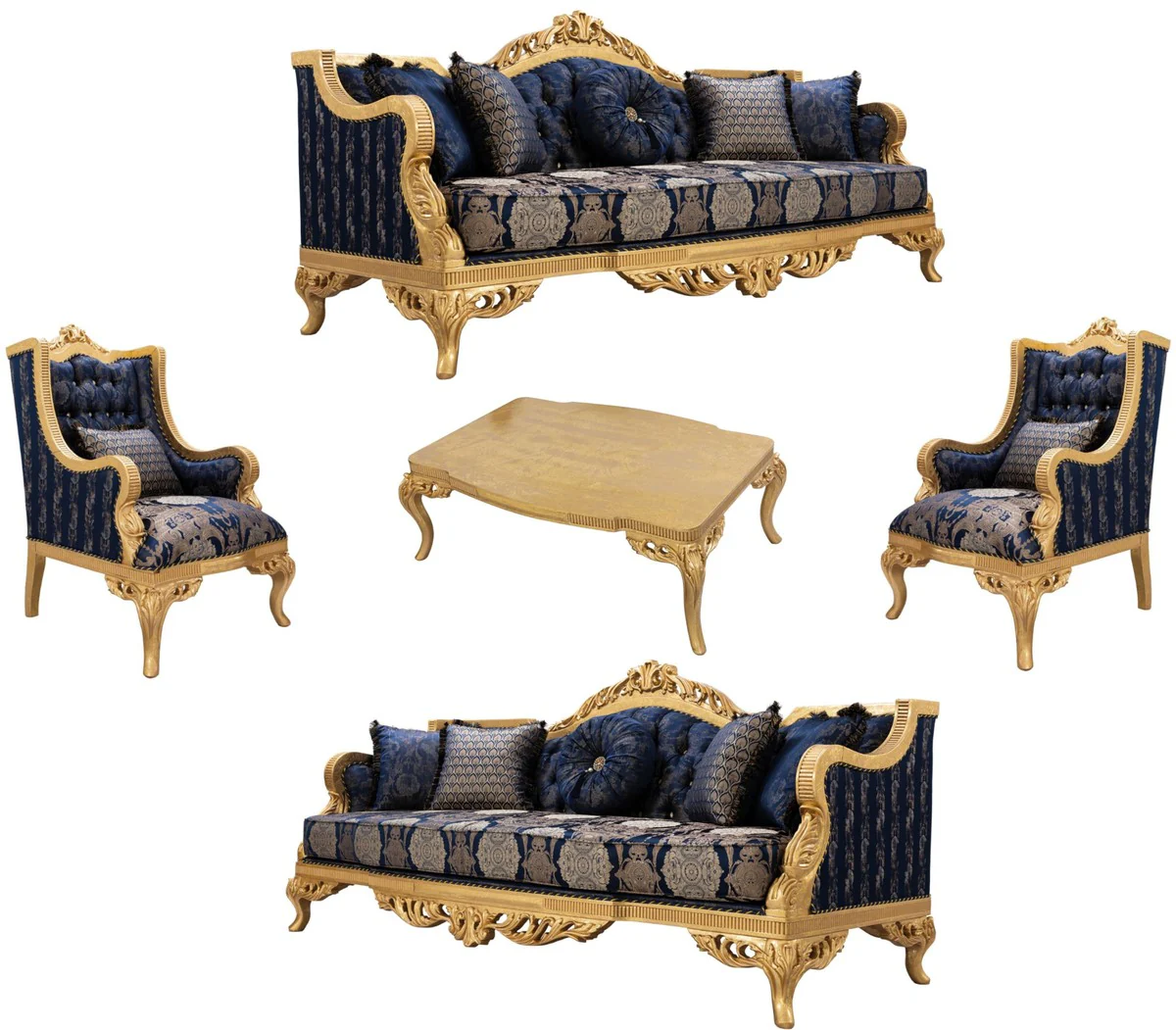 Luxus Barock Wohnzimmer Set Dunkelblau / Gold - 2 Sofas & 2 Sessel & 1 Couchtisch - Prunkvolle Barock Wohnzimmer Möbel
