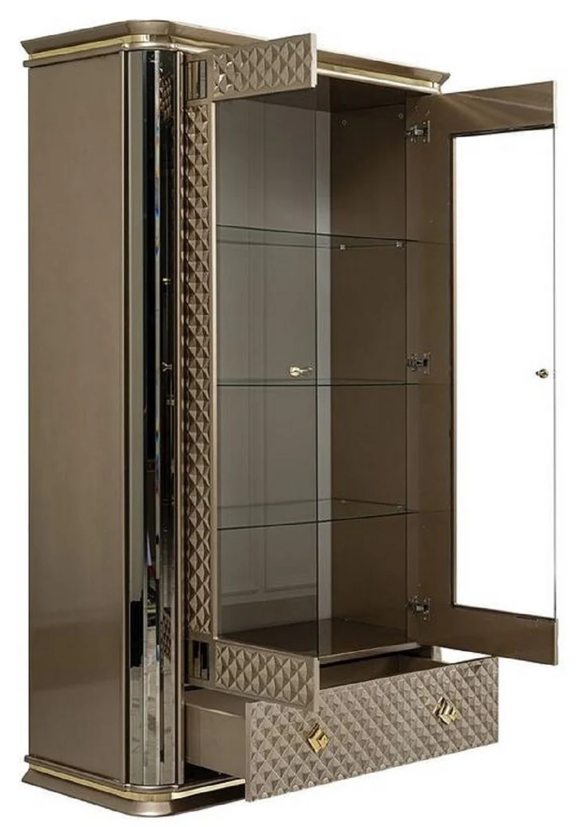 Luxus Art Deco Vitrine Beige / Gold - Handgefertigter Massivholz Vitrinenschrank mit 2 Türen und Schublade - Edle Art Deco Möbel