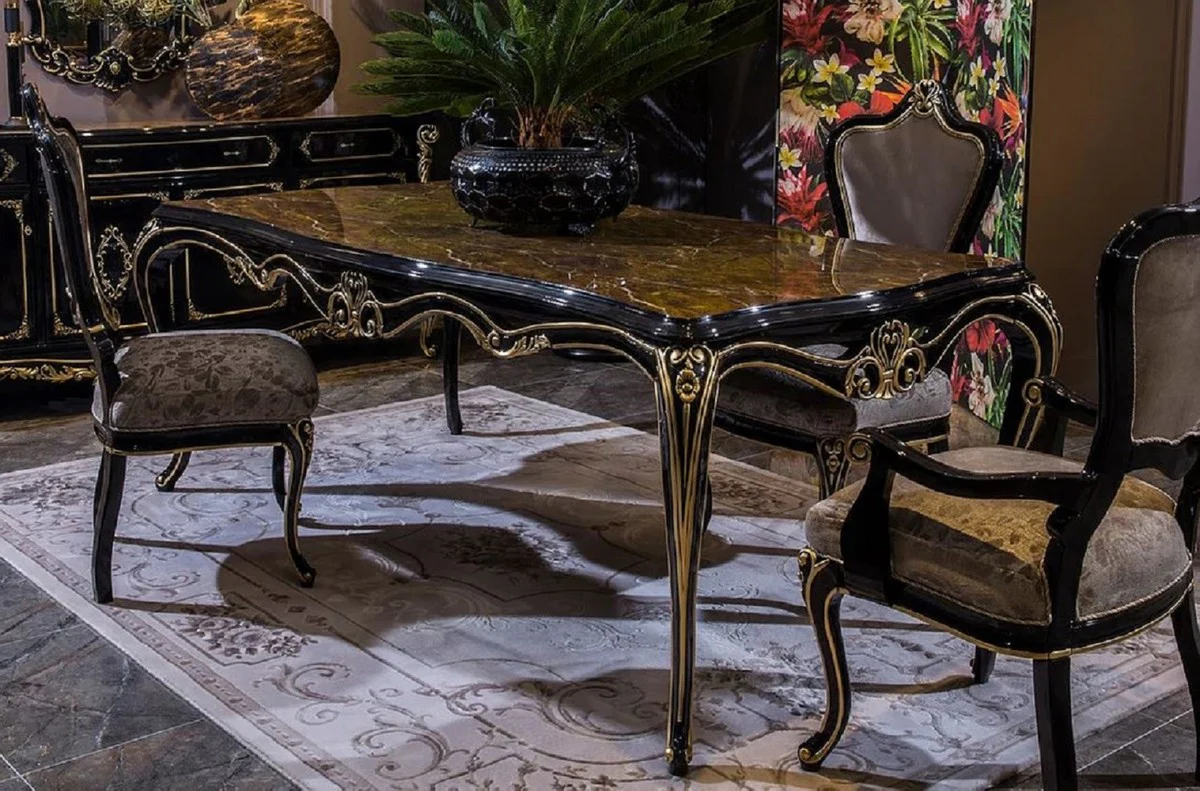 Luxus Barock Esszimmerstuhl Set Silber / Schwarz / Gold - Barock Küchen Stühle 6er Set - Luxus Esszimmer Möbel im Barockstil - Barock Esszimmer Möbel - Edel & Prunkvoll