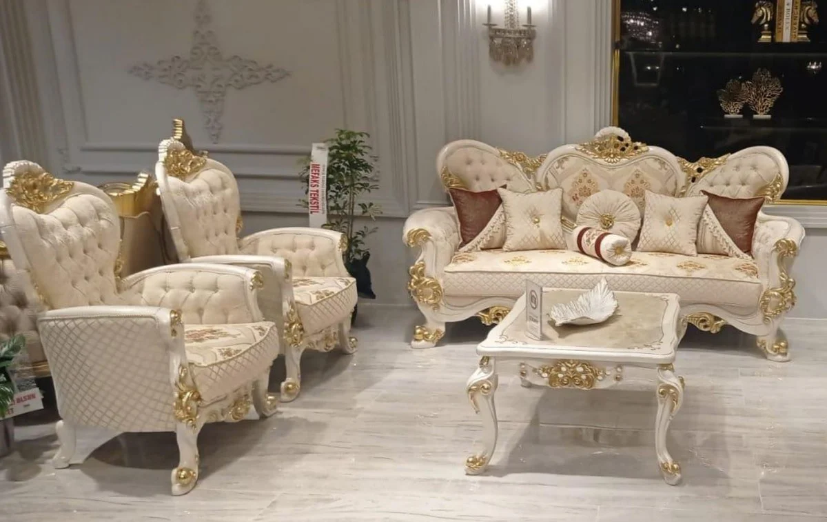 Luxus Barock Wohnzimmer Set Beige / Weiß / Gold - 2 Barock Sofas mit Muster & 2 Barock Sessel mit Muster & 1 Barock Couchtisch - Prunkvolle Barock Wohnzimmer Möbel
