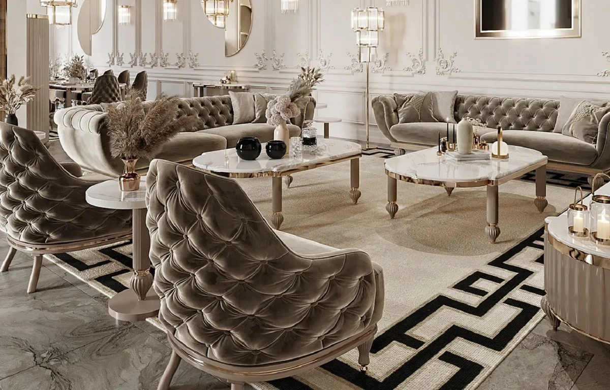 Luxus Art Deco Chesterfield Sofa Grau / Gold - Prunkvolles Wohnzimmer Sofa - Art Deco Wohnzimmer Möbel