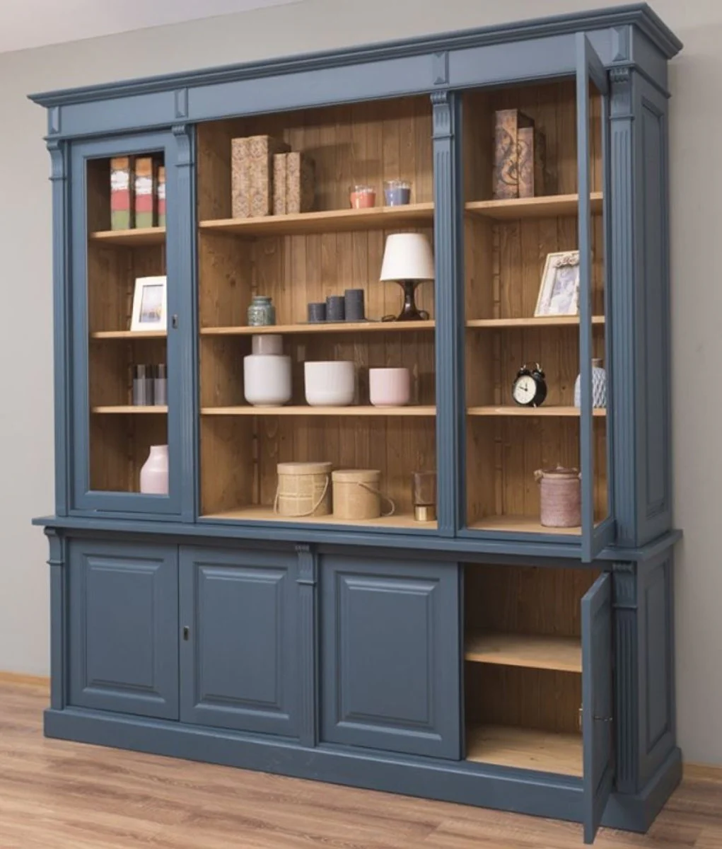 Landhausstil Wohnzimmerschrank Blau / Naturfarben 223 x 51 x H. 228 cm - Massivholz Schrank - Bücherschrank - Regalschrank - Landhausstil Möbel