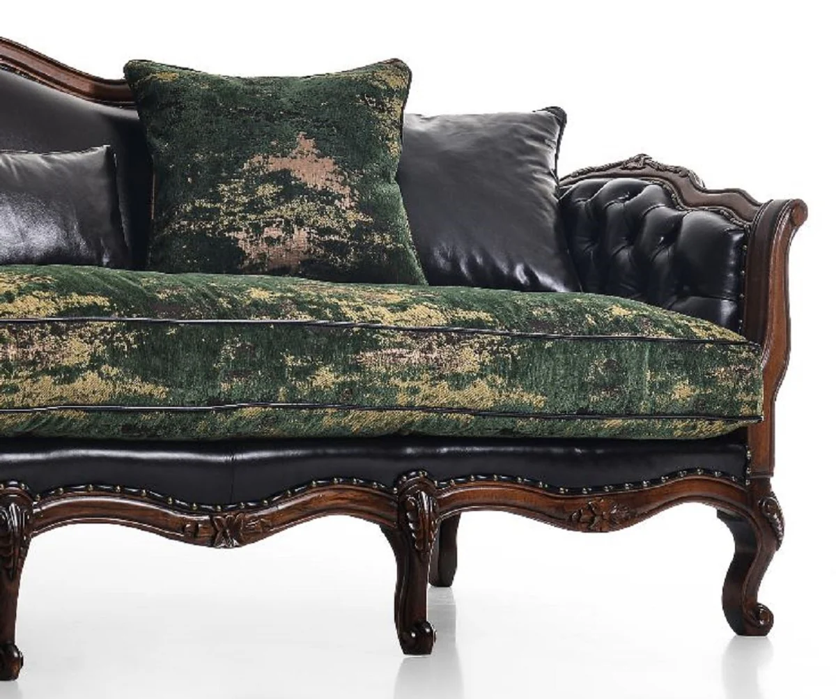 Luxus Barock Leder Sofa Schwarz / Grün / Braun - Prunkvolles Wohnzimmer Sofa mit hochwertigem Echtleder - Luxus Wohnzimmer Möbel im Barockstil - Barock Möbel - Edel & Prunkvoll