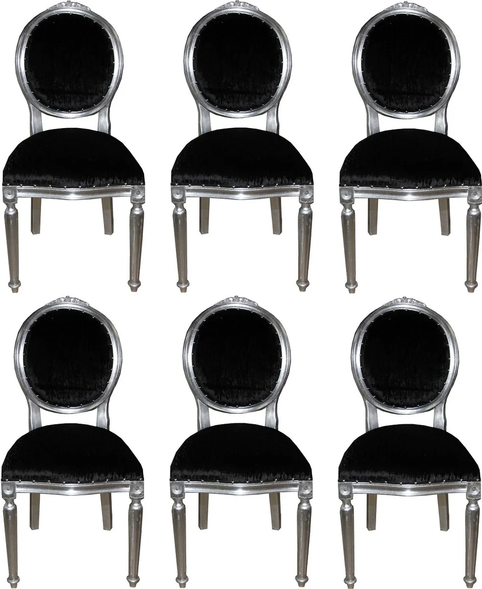 Luxus Barock Esszimmer Set Medaillon Schwarz / Silber 50 x 52 x H. 99 cm - 6 handgefertigte Esszimmerstühle - Barock Esszimmermöbel