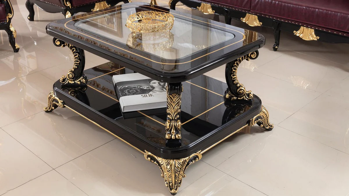 Luxus Barock Couchtisch mit Glasplatte Schwarz / Gold - Prunkvoller Massivholz Wohnzimmertisch im Barockstil - Barock Wohnzimmer Möbel - Edel & Prunkvoll