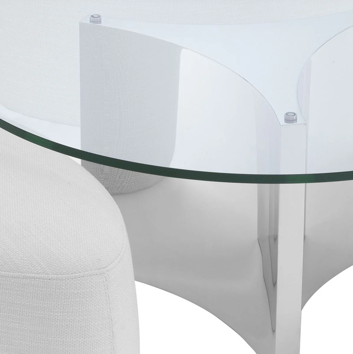 Luxus Couchtisch Weiß / Silber Ø 104 x H. 46,5 cm - Runder Edelstahl Wohnzimmertisch mit Glasplatte und 3 eleganten Sitzhocker - Wohnzimmer Möbel - Luxus Möbel