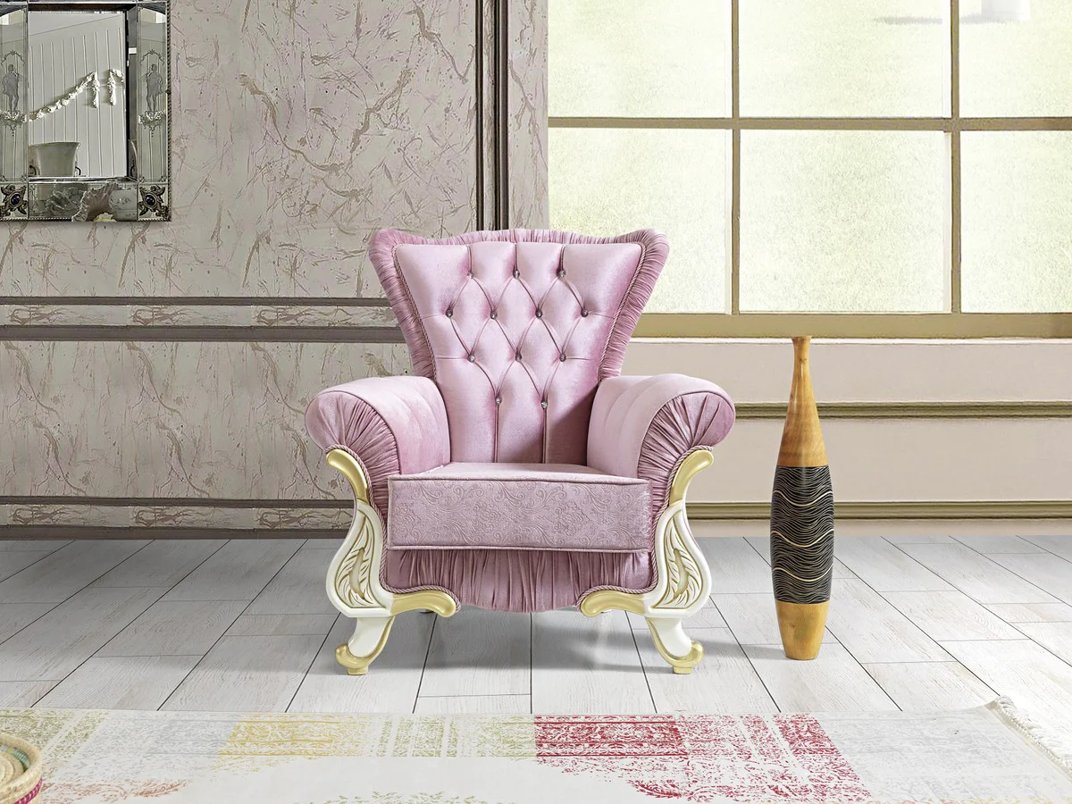 Barock Wohnzimmer Set Rosa / Weiß / Gold - 2 Sofas & 2 Sessel & 1 Couchtisch - Wohnzimmer Möbel im Barockstil - Edle Barock Möbel