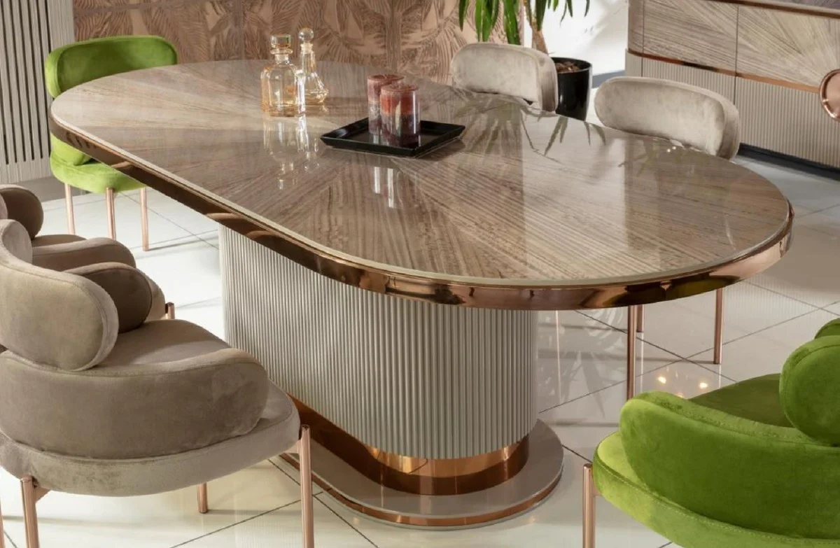 Luxus Esstisch Grau / Kupfer 220 x 105 x H. 75 cm - Ovaler Küchentisch - Esszimmer Möbel - Küchen Möbel - Luxus Möbel - Luxus Einrichtung