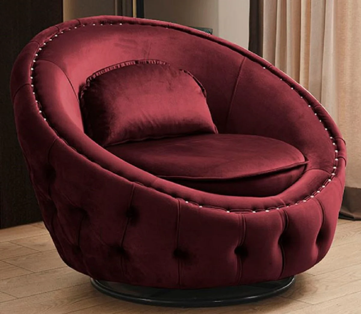Luxus Chesterfield Drehsessel Bordeauxrot Ø 90 cm - Moderner Chesterfield Wohnzimmer Sessel - Luxus Chesterfield Wohnzimmer Möbel