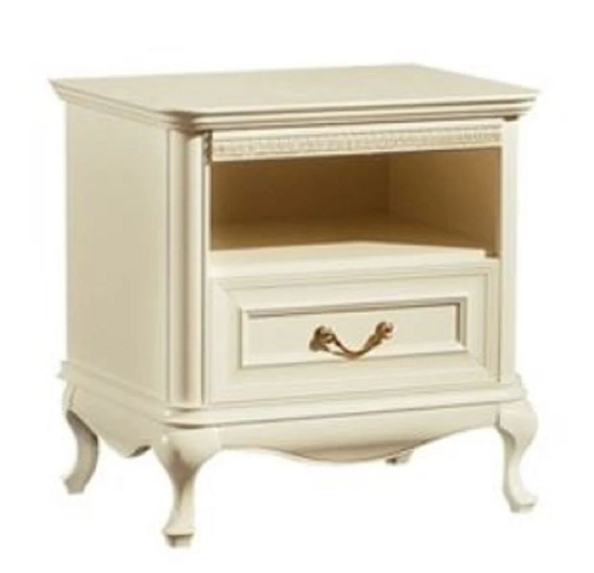 Luxus Jugendstil Nachtkommode Cremefarben 60 x 45,6 x H. 60,8 cm - Eleganter Massivholz Nachttisch mit Schublade - Barock & Jugendstil Schlafzimmer Möbel